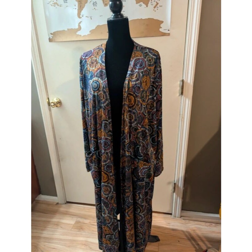 LuLaRoe Sarah XL Long Medallion Duster Cardigan - Boho Open Front with Pockets